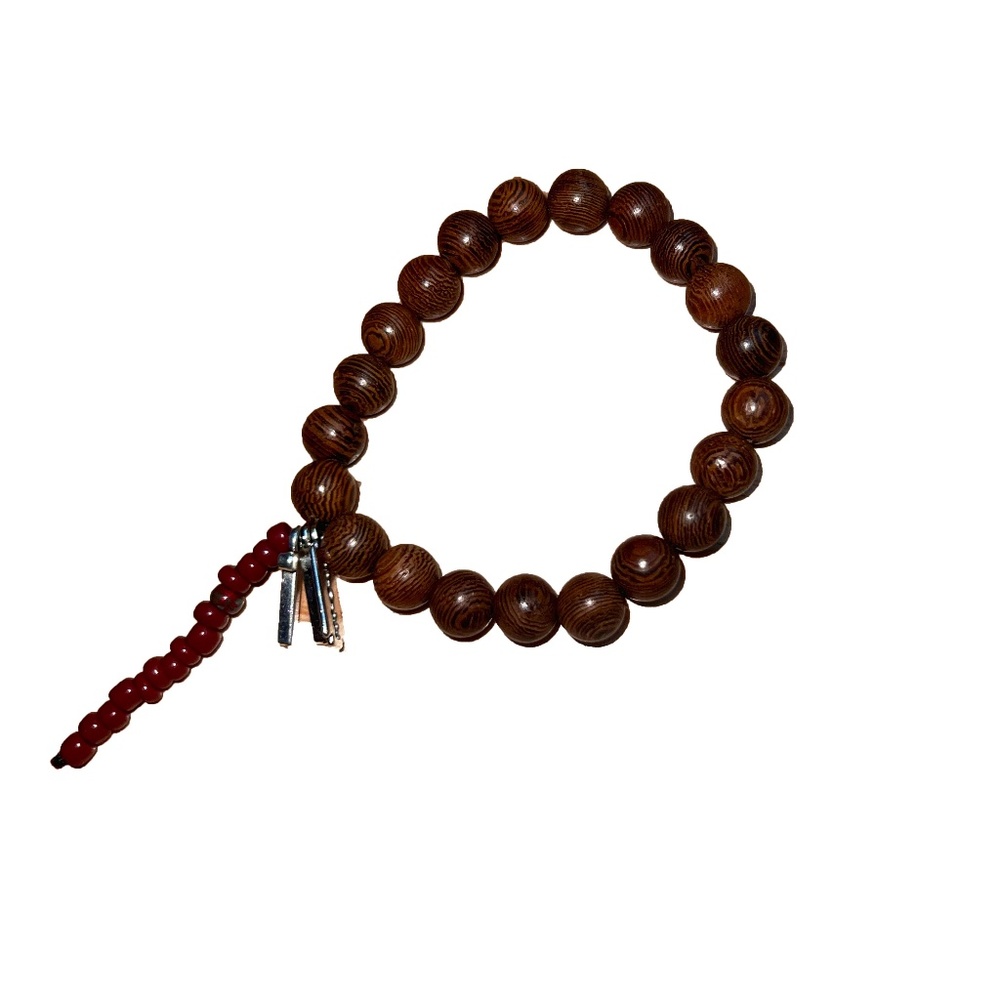 Handcrafted Unique Wood & Burgundy Bead Bracelet with Charms